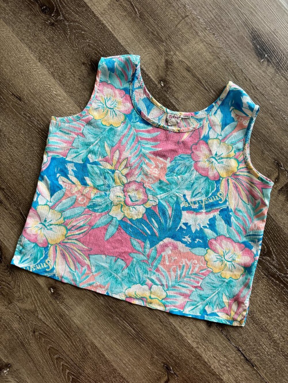 Vintage 80s TanJay Tropical Floral Crinkle Tank Top Size 16